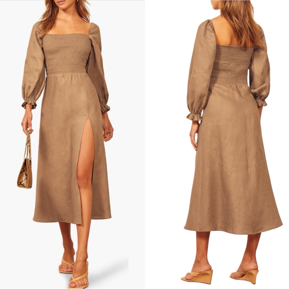 NWT Reformation Gitane Long Sleeve Smocked Linen Midi‎ Dress Khaki Large